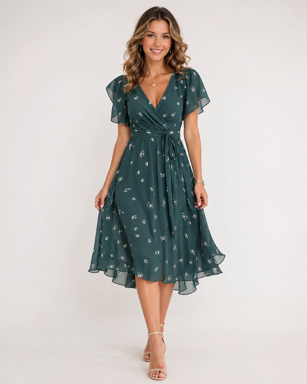 Elegantes grünes Damen Retro Midikleid mit V-Ausschnitt, A-Linie und Kurzarm. Perfekt für den Sommer.