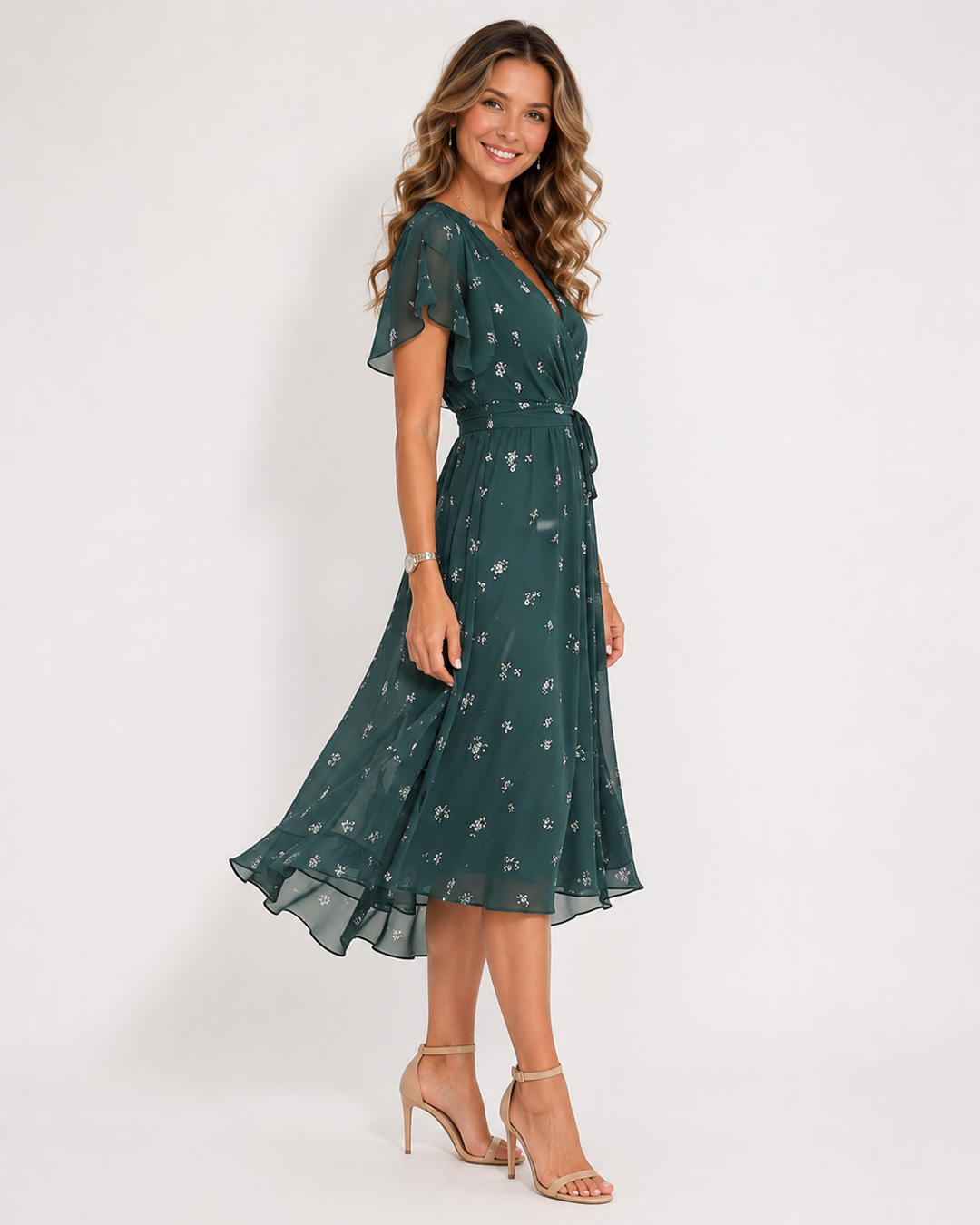 Grünes Damen Sommerkleid mit V-Ausschnitt und Retro-Print. Schickes A-Linien Freizeitkleid mit Kurzarm.