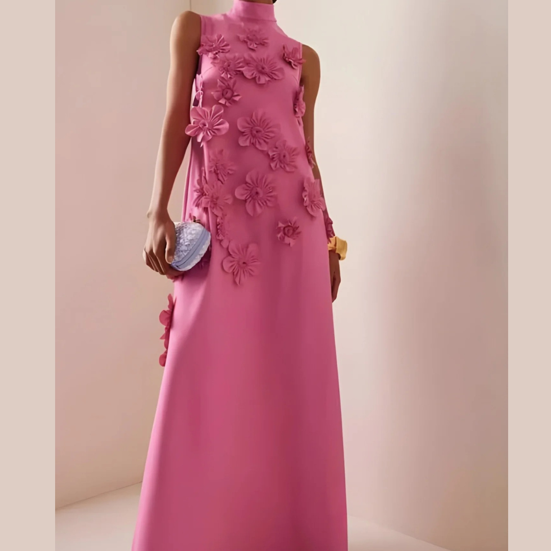 Elegantes rosa Damen Abendkleid mit 3D-Blüten, ärmellos, A-Linie, ideal für festliche Anlässe.