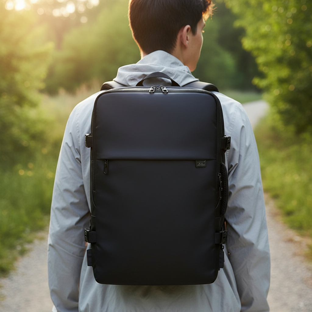 Schwarzer, erweiterbarer Unisex-Laptop-Rucksack von TravelX, ideal für Reisen & Alltag, mit viel Stauraum.