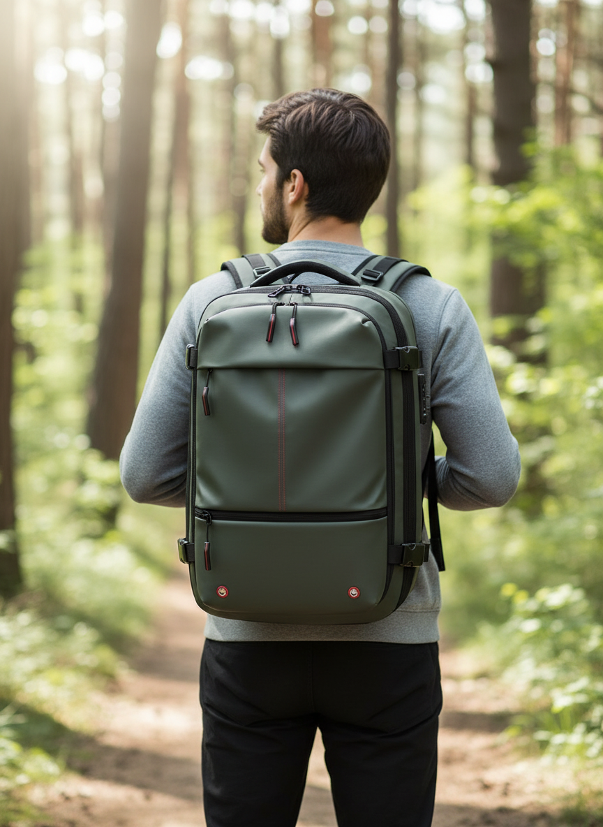Unisex erweiterbarer Reiserucksack PackAway in elegantem Grau, flexibler Begleiter für jede Reise.