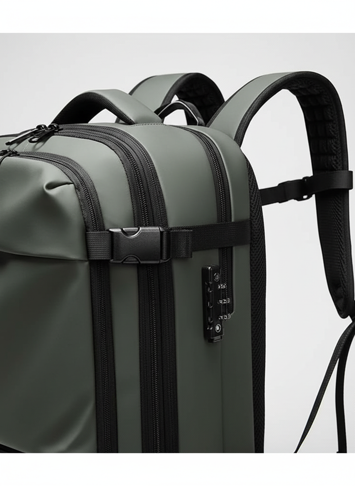 Offener PackAway Reiserucksack mit cleveren Organisationsfächern für Laptop, Kleidung & Reiseutensilien.