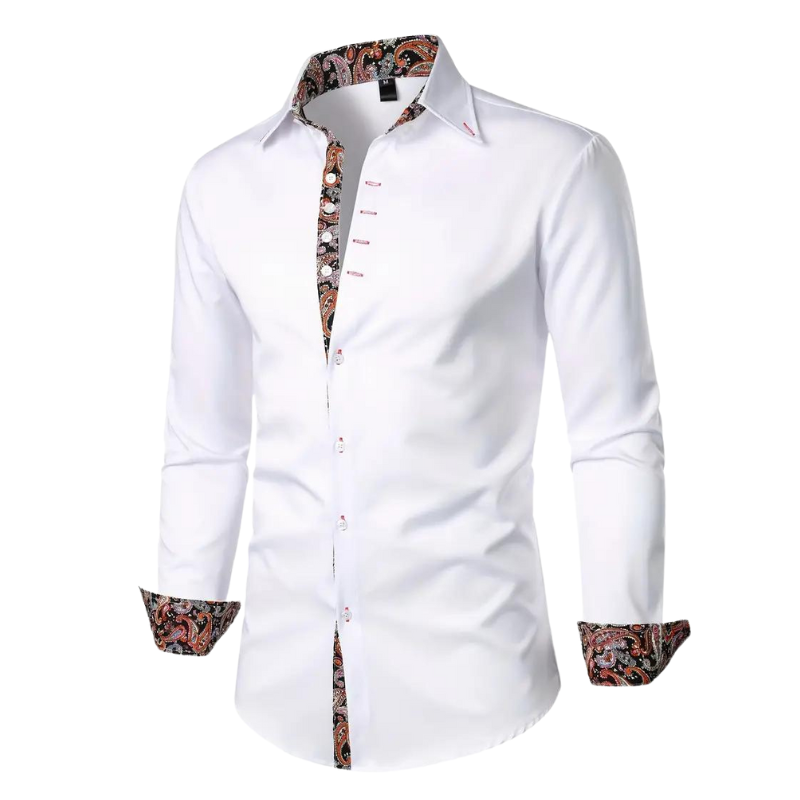 Rückenansicht elegantes Herrenhemd: Stilvolles Langarmhemd mit dezentem Paisley-Muster, ideal für Herrenmode.