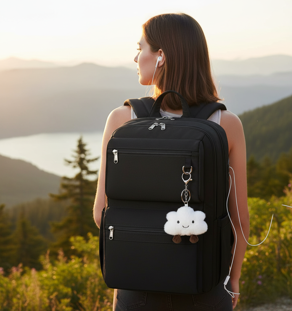 Schwarzer Unisex Laptop-Rucksack ComfortPack, stilvoll und wasserdicht, ideal für Arbeit, Schule und Reise.