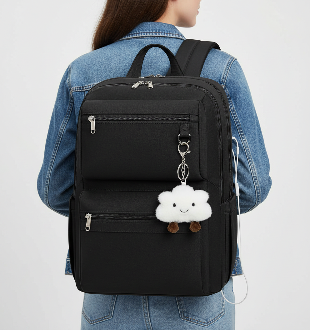 Funktionaler schwarzer Laptop-Rucksack mit USB-Anschluss und Organizer-Fächern, perfekt für Business und Alltag.