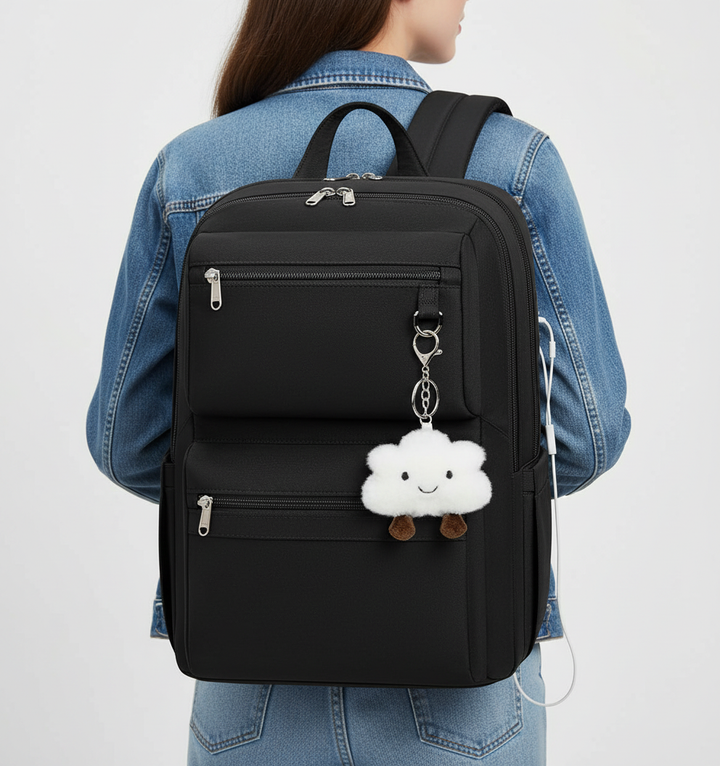 Funktionaler schwarzer Laptop-Rucksack mit USB-Anschluss und Organizer-Fächern, perfekt für Business und Alltag.