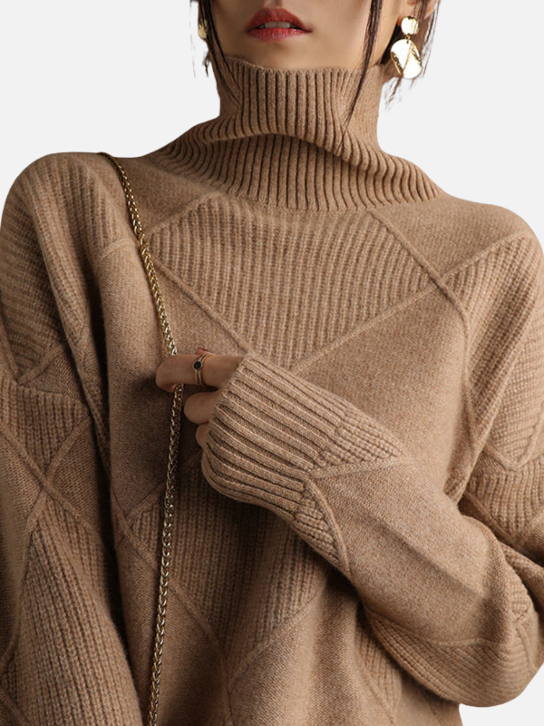 Warmer Damen Strickpullover, Rollkragen, Rautenmuster, perfekt für kühle Herbst- und Wintertage.