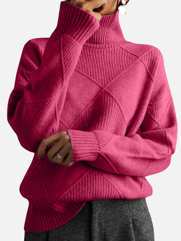Wärmender Damen Pullover mit Rautenmuster und bequemem Rollkragen, langärmlig, ideal für den Winter.
