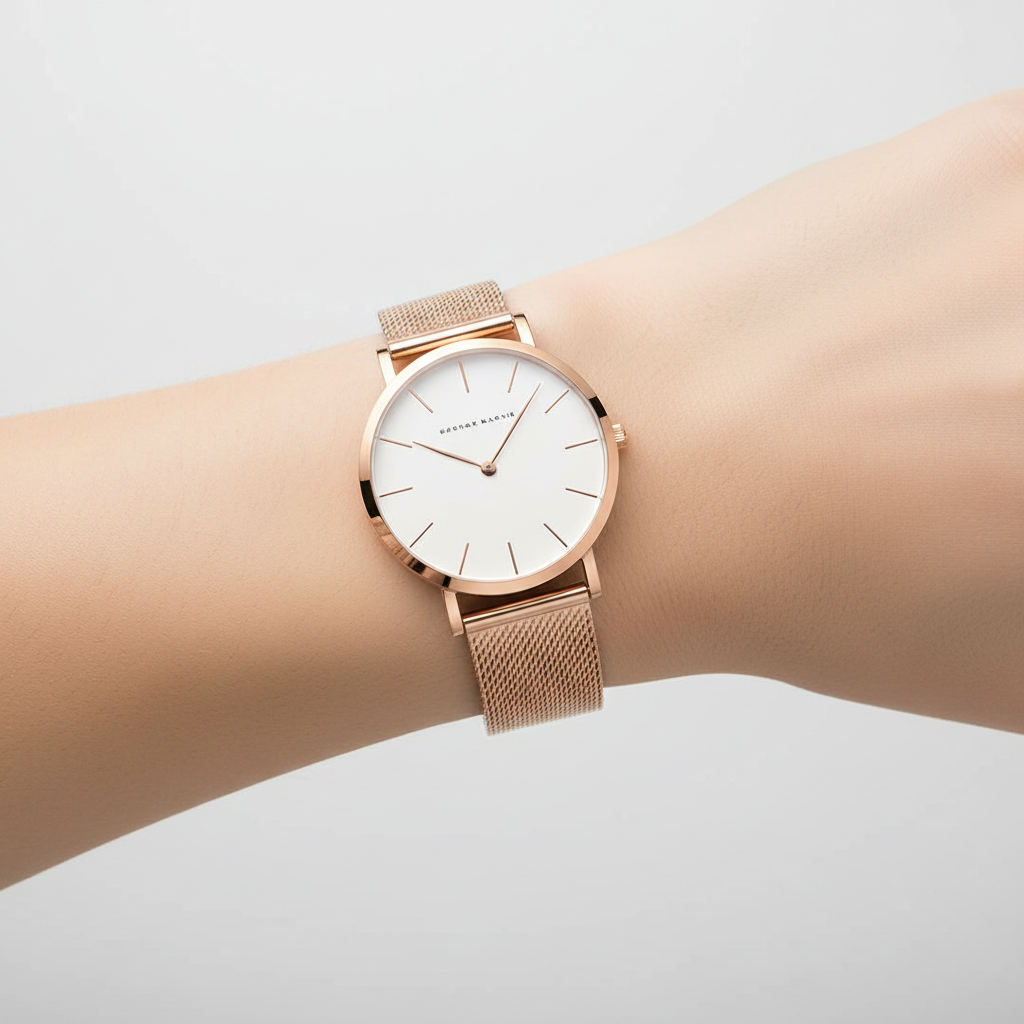 Zeitlose Damen-Armbanduhr aus gebürstetem Titan. Rundes Zifferblatt, ideal als Geschenkidee.