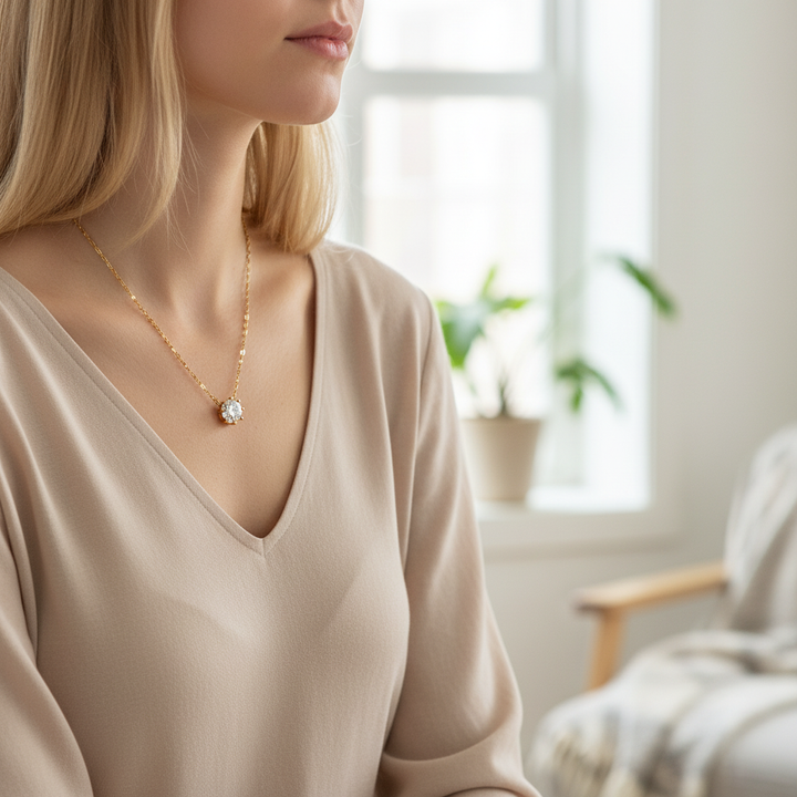 Damen-Halskette aus Sterlingsilber mit funkelndem, runden Zirkon-Anhänger. Elegante Zirkonkette für Frauen.