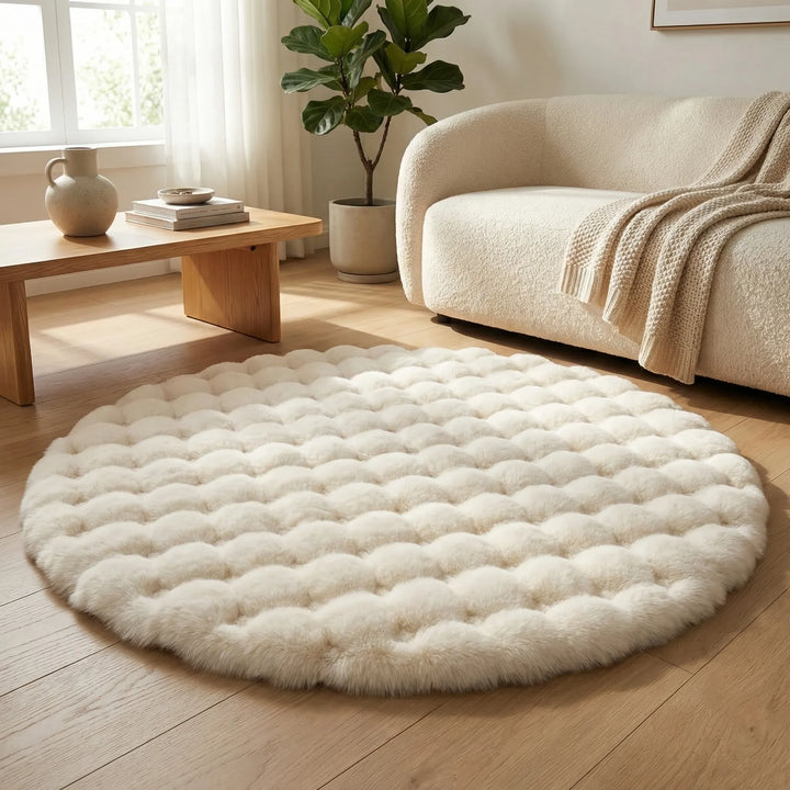 Runder, flauschiger Teppich für ein gemütliches Wohnzimmer. Weich und dekorativ, ideal für Heimdekoration.