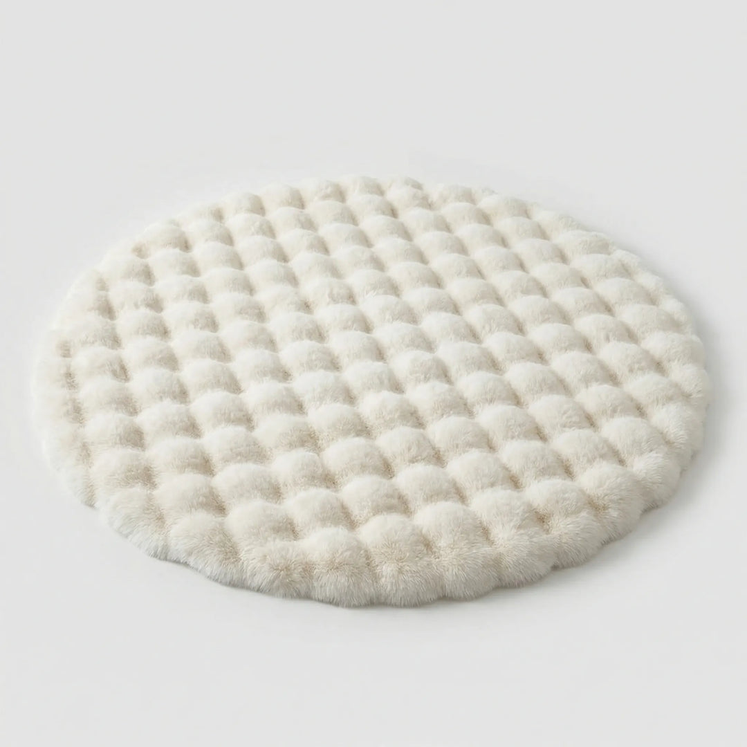 Weicher, runder Flausch-Teppich, perfekt für das Schlafzimmer und Kinderzimmer. Schafft sofort Gemütlichkeit.