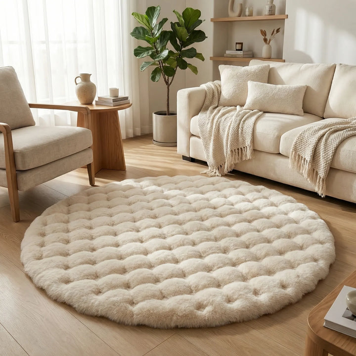 Flauschiger, weicher runder Teppich, perfekt für warme Füße und ein heimeliges Ambiente in jedem Zimmer.