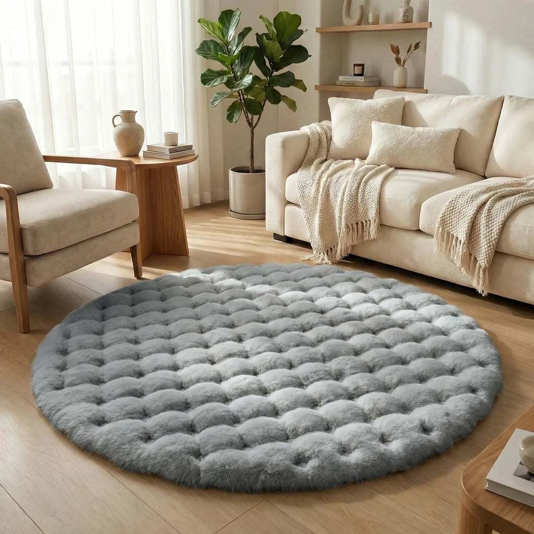 Hochwertiger runder Flausch-Teppich, weich und dekorativ. Bringt Gemütlichkeit in Ihr Wohn- oder Schlafzimmer.