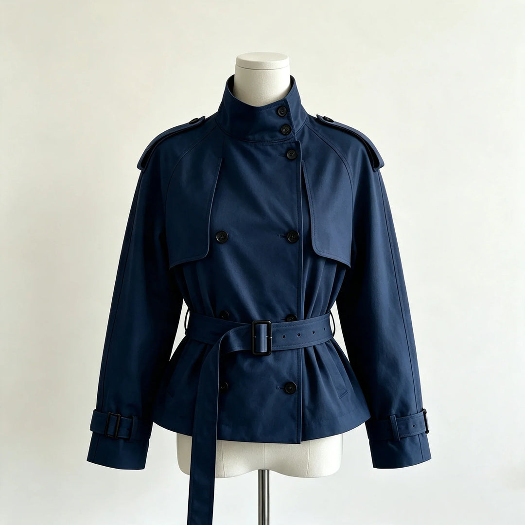 Klassisch-moderne Damen Doppelreihige Jacke mit Taillengürtel. Stilvolle Übergangsjacke für Business & Alltag.