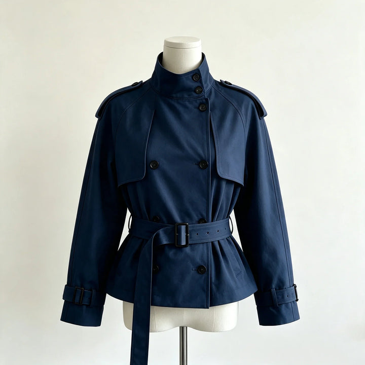 Klassisch-moderne Damen Doppelreihige Jacke mit Taillengürtel. Stilvolle Übergangsjacke für Business & Alltag.