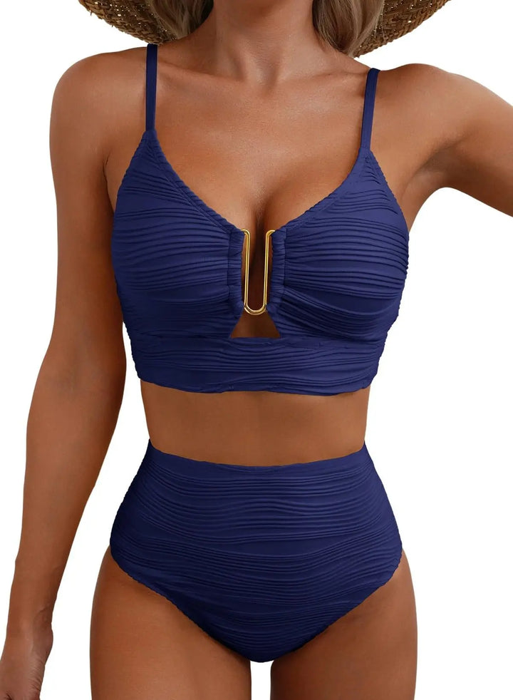 Urlaubsreifer Damen Bikini, V-Ausschnitt, Cut-Outs, hochtailliert; perfekte strukturierte Schwimmmode.