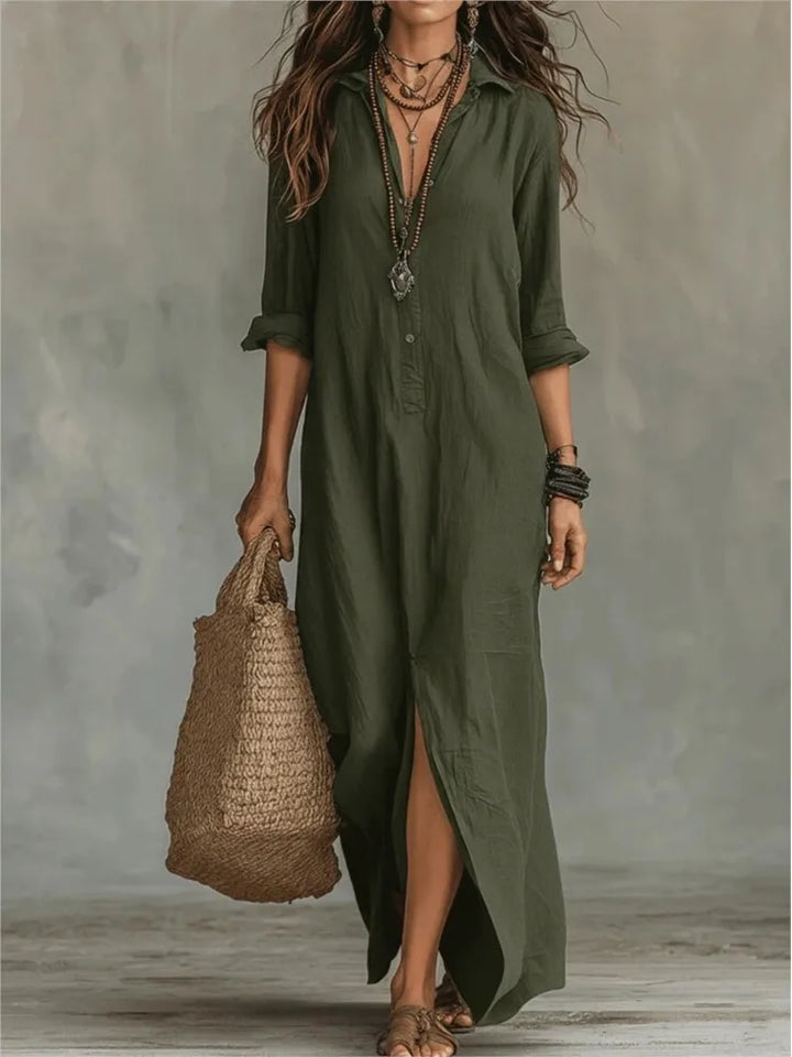 Vielseitiges Damen Sommerkleid, langarm, lässig-elegant, knöchellang mit Umlegekragen, für entspannten Stil.