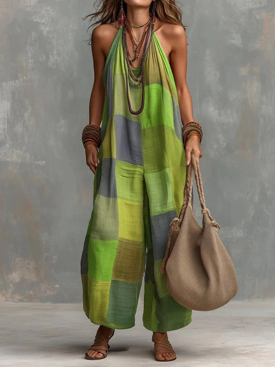 Damen Sommer Jumpsuit im Bohemian-Stil mit Hängenausschnitt, ärmellos und Farbblock-Design für Strand & Freizeit.