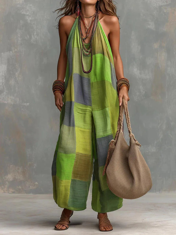 Damen Sommer Jumpsuit im Bohemian-Stil mit Hängenausschnitt, ärmellos und Farbblock-Design für Strand & Freizeit.