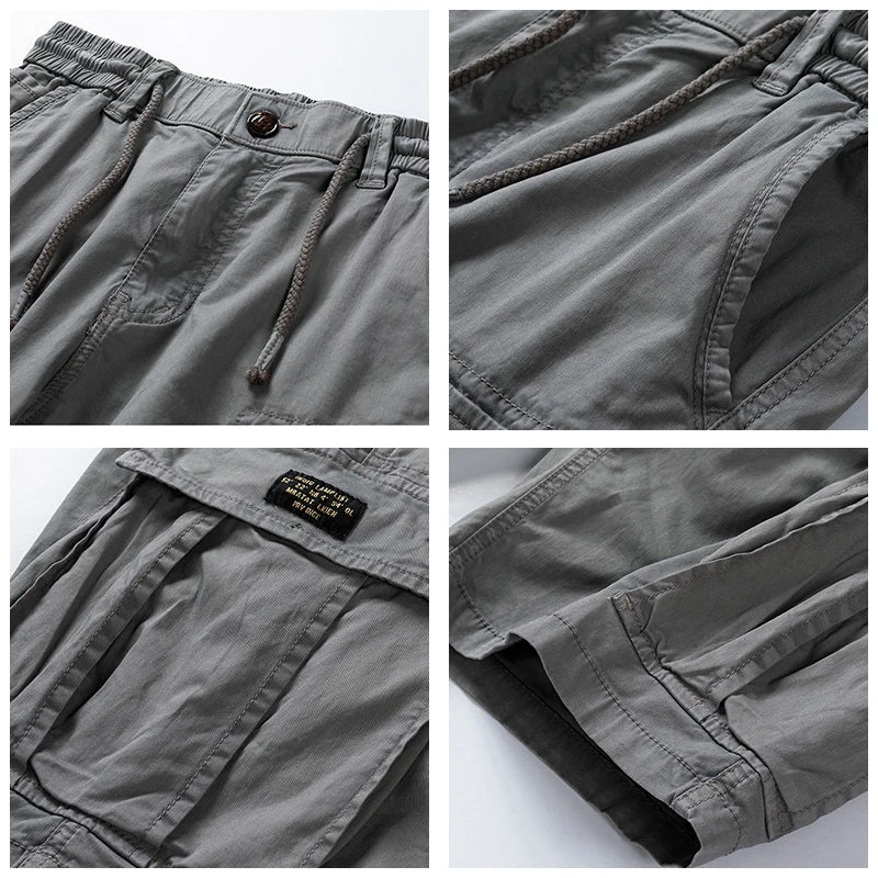 Ein Mann trägt bequeme Herren Cargo-Shorts im Freien. Perfekte kurze Hose für Freizeit und Outdoor.