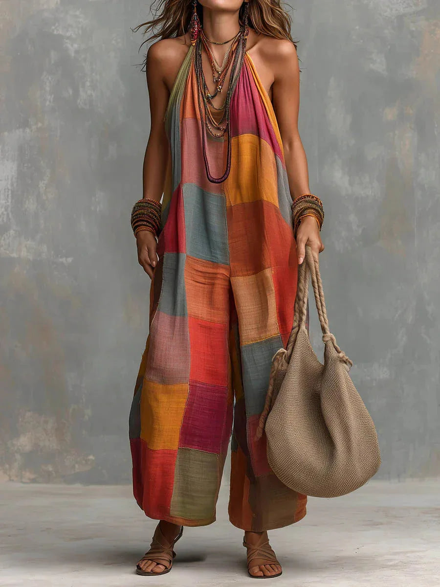 Eleganter Damen Bohemian Jumpsuit, ärmellos, mit Hängenausschnitt und weitem Bein für sommerliche Anlässe.