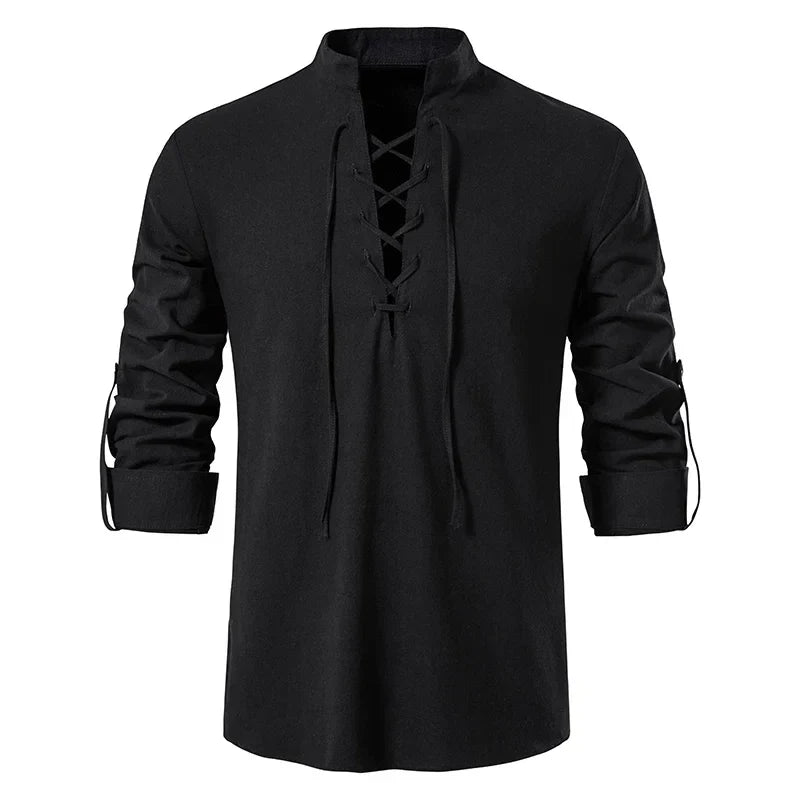 Freizeit-Herrenhemd schwarz, Relaxed Fit, mit lässigem Bindeverschluss, ideal für warme Tage.