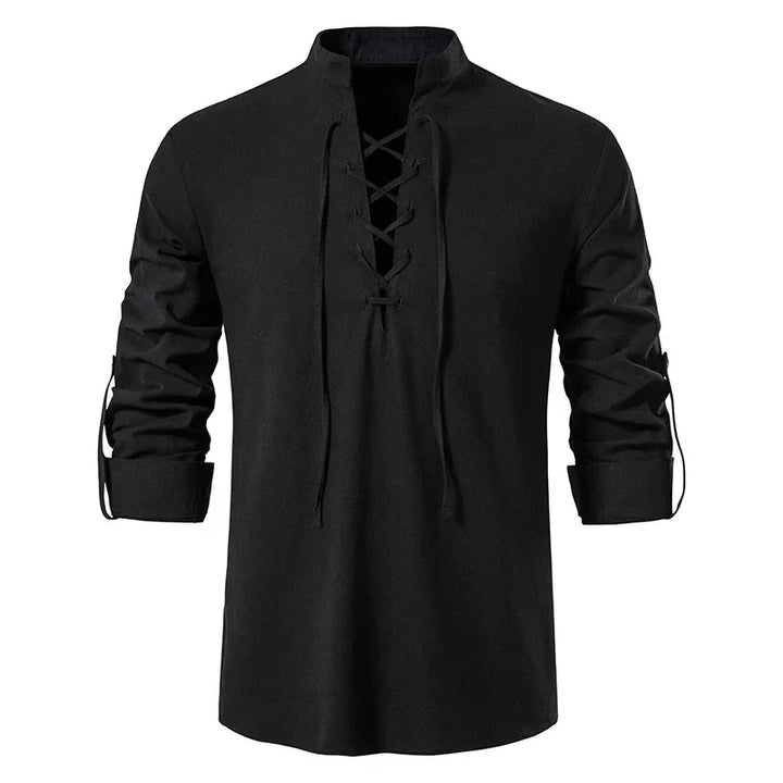 Freizeit-Herrenhemd schwarz, Relaxed Fit, mit lässigem Bindeverschluss, ideal für warme Tage.