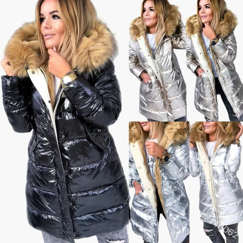 Eleganter Damen Winter Steppmantel mit luxuriösem Pelzkragen. Warme, zeitlose Winterjacke für stilvolle Frauen.