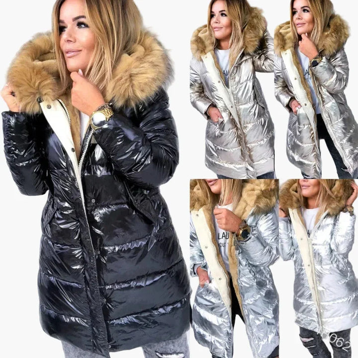 Eleganter Damen Winter Steppmantel mit luxuriösem Pelzkragen. Warme, zeitlose Winterjacke für stilvolle Frauen.