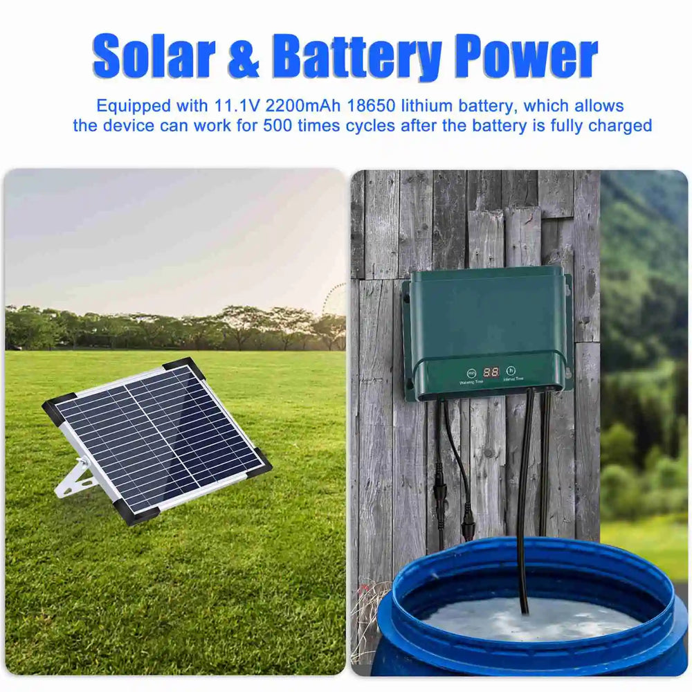 Solarbetriebenes AquaFlow Tropfbewässerungssystem für Wasserersparnis und nachhaltige Gartenbewässerung.