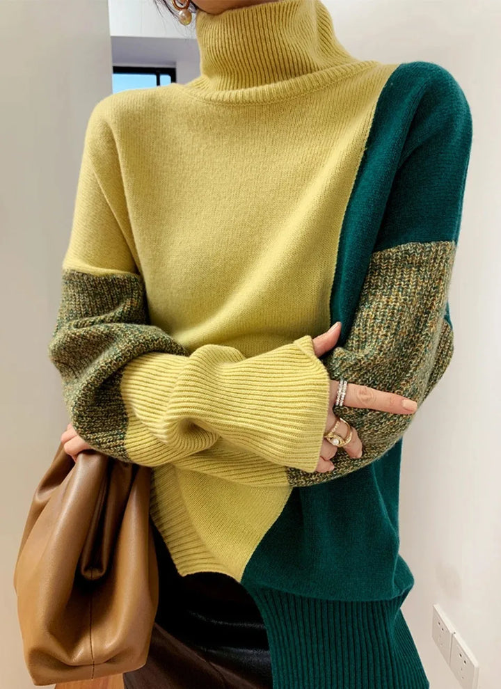 Moderner Damen Zweifarb-Rollkragenpullover, perfekt als Business Casual oder Freizeitpullover.