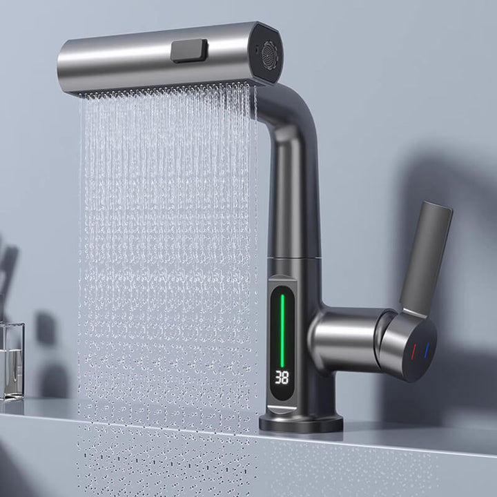Zeitloser Messing-Wasserhahn, flexibel, ausziehbar, mit LED-Temperaturanzeige für Bad & Küche.