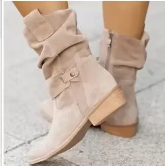 Elegante Damen Spitzzehen Stiefel mit niedrigem Absatz und Reißverschluss, ideal für Herbst & Winter.