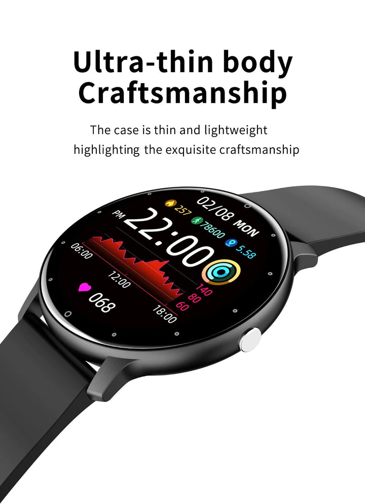 Ultradünne, schwarze Unisex Smartwatch am Handgelenk, perfekt für Fitness, Business & tägliche Benachrichtigungen.