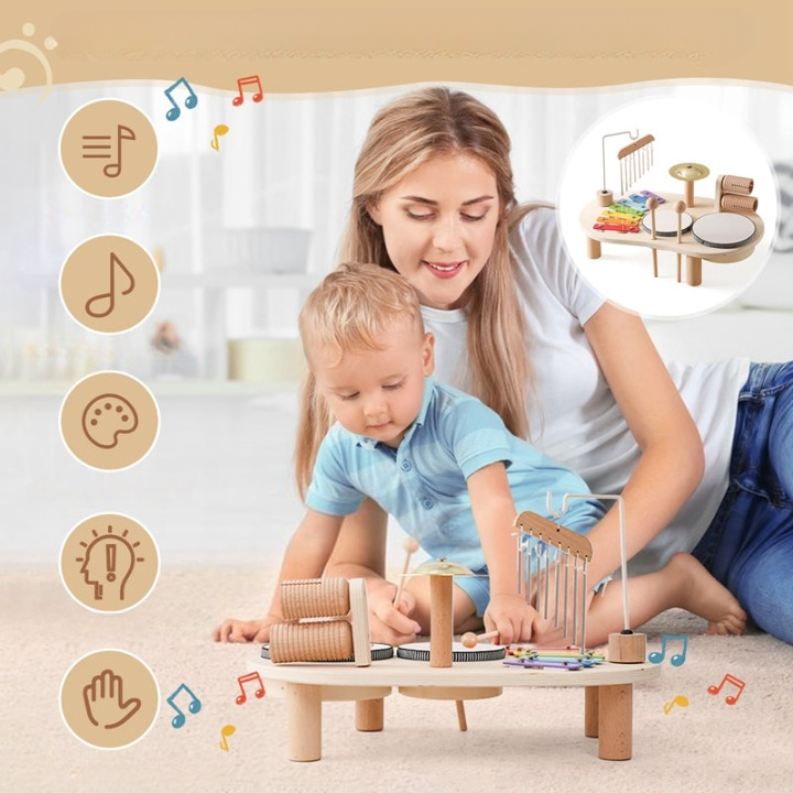 Lernspielzeug aus Holz zur Förderung von Rhythmusgefühl, Motorik und musikalischer Kreativität bei kleinen Kindern.