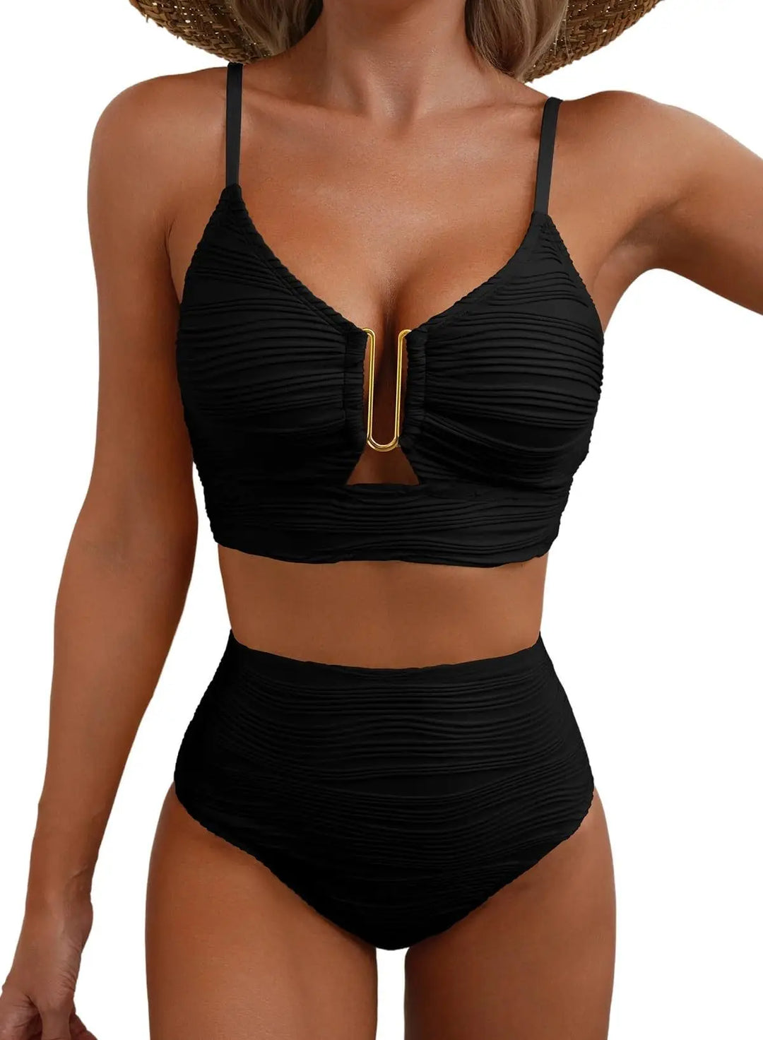 Damen Bikini mit V-Ausschnitt, Cut-Outs & Struktur; hochtailliert, elegant für Strand & Poolparty.
