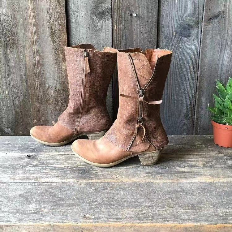 Bequeme Khaki Damen Stiefel mit seitlichem Reißverschluss und robuster, rutschfester Sohle.