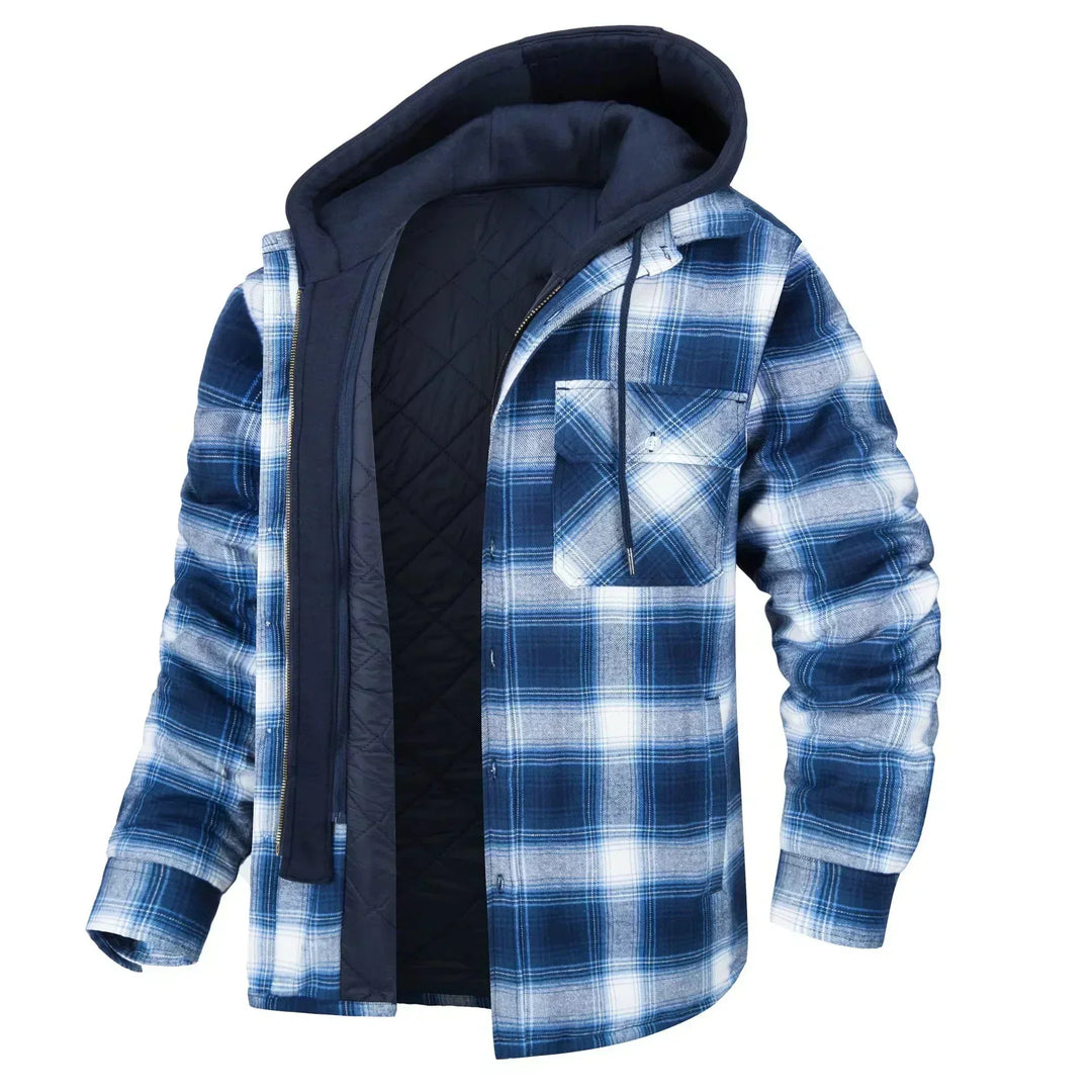 Karierte Herren Winterjacke mit Kapuze, warme Oversize Passform für gemütliche Herbst- & Wintertage.