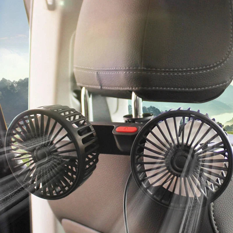Effizienter Doppelkopf Auto Ventilator mit USB-Anschluss, 3 Geschwindigkeiten und 360° Drehung. Für kühle Fahrten.