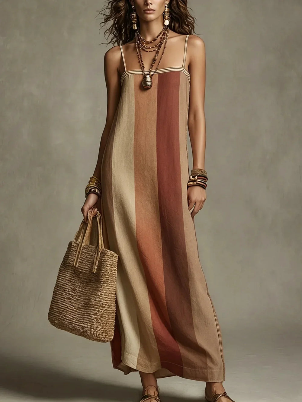 Sommerliches Damenkleid, gestreiftes Maxikleid mit Spaghettiträgern für einen stilvollen Freizeit-Look.