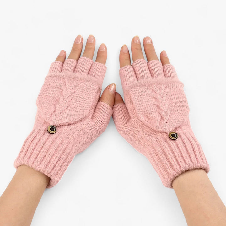 Dicke Damenhandschuhe in Dunkelrosa für kaltes Wetter, faltbare Strickhandschuhe mit Fingerzugang.
