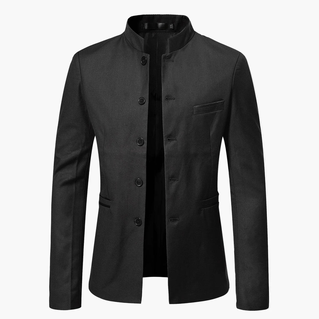 Moderner marineblauer Herren Blazer mit Stehkragen, vielseitig für Business, Freizeit und Events.