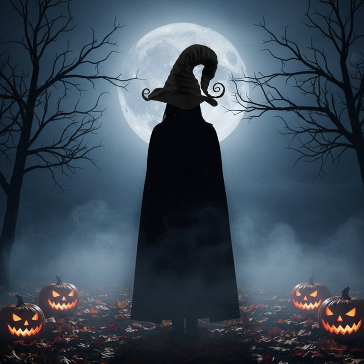 Schwarzer Spitzhut als Hexen- oder Zaubererhut. Ideales Kostüm für Halloween, Mottopartys und Cosplay-Events.