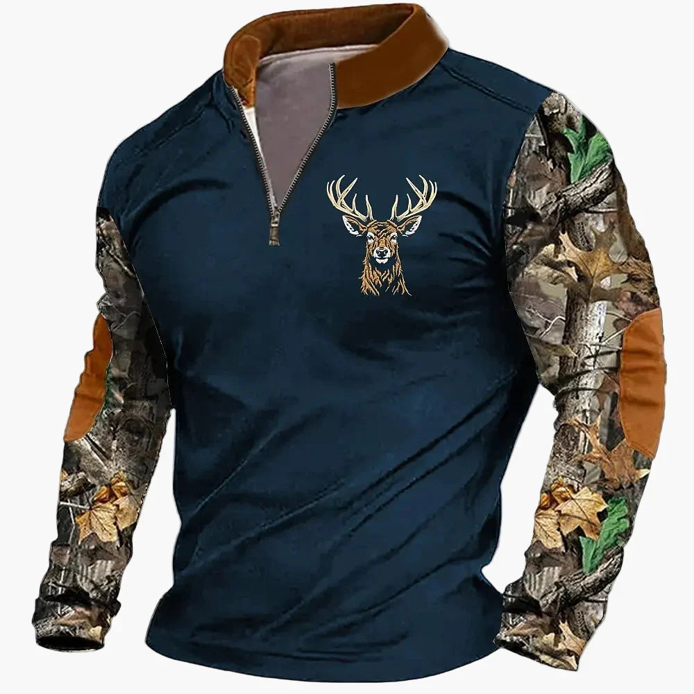Outdoor Herren Half-Zip Pullover mit Hirschmotiv. Robust, funktional & modisch.
