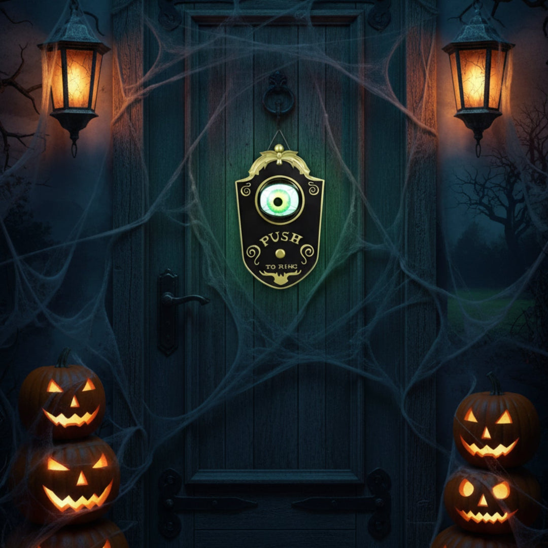 Interaktiver Halloween Spinnen Türklopfer mit Leuchtauge & Soundeffekten. Perfekt für gruselige Eingangsdeko.
