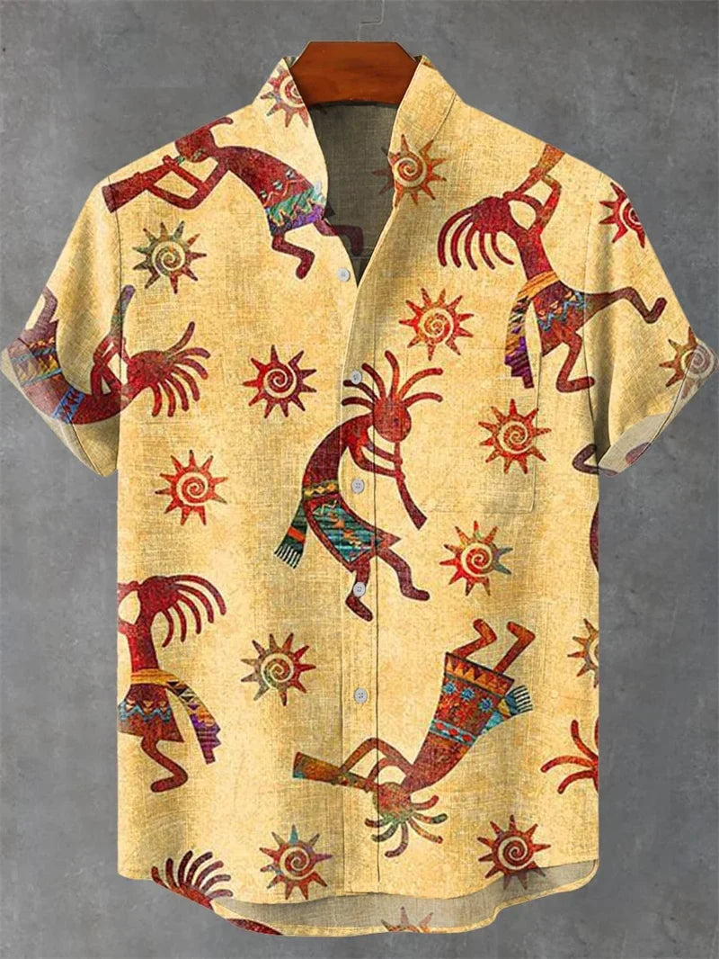 Lässiges Herren Kurzarmhemd mit Bohemian-Muster, perfekt für legere Sommer-Outfits und Strand.