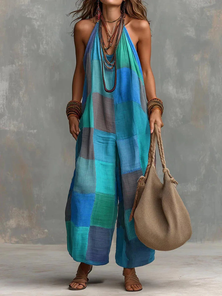 Luftiger Damen Bohemian Jumpsuit mit ärmellosem Hängenausschnitt und weitem Bein, ideal für warme Sommertage.