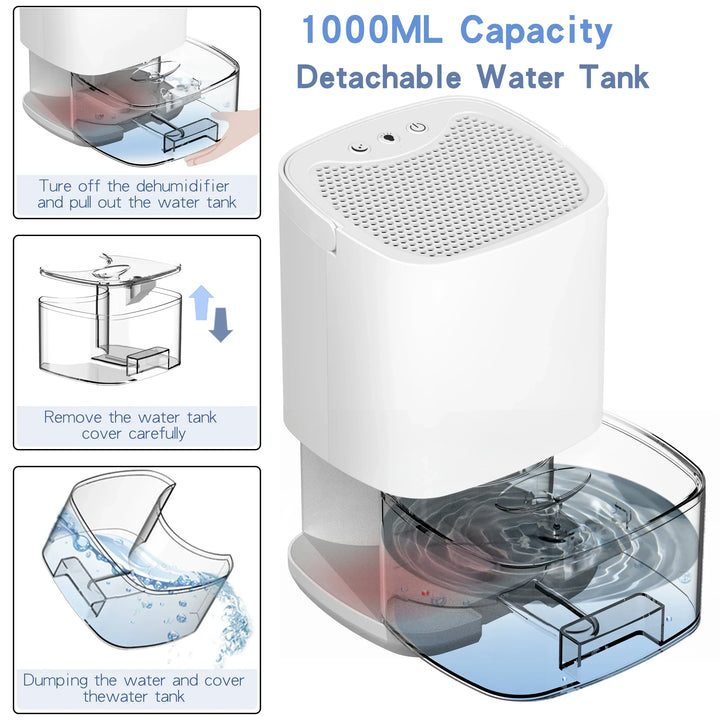 Portabler 1000ml Aveline Luftentfeuchter, weiß, mit Feuchtigkeitsentfernung, Luftfilterfunktion und Nachtlicht.