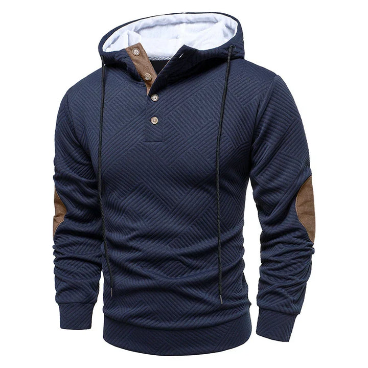 Dunkelblauer Herren Kapuzenpullover. Stilvolles Langarmshirt, bequem und modern, optimal für den Casual-Look im Herbst.